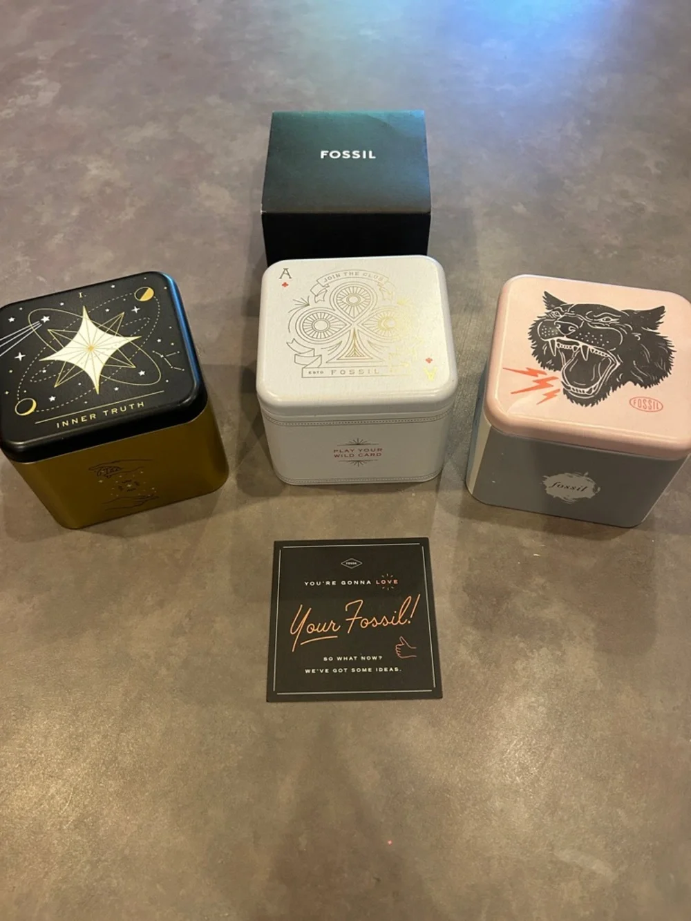 Fossil Decorative Tin Set in Black, Cream, Pink and Gold Accents